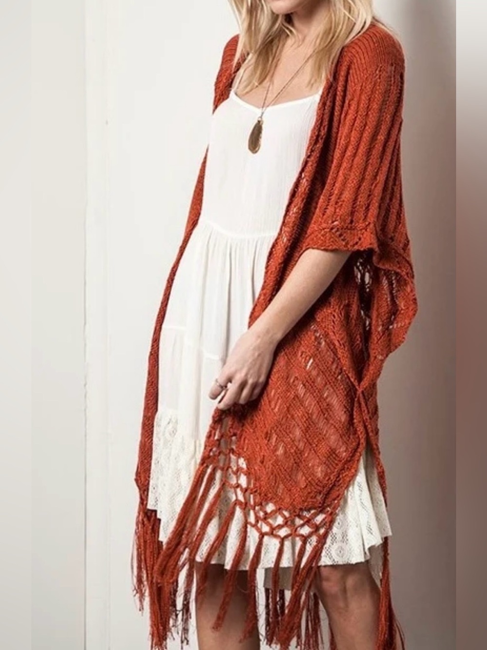 Kori America Boho Crochet Knit Fringe Cardigan Rust Orange